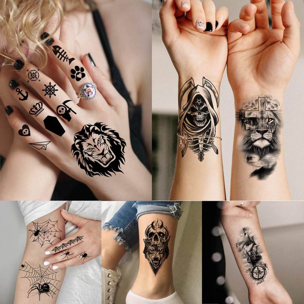 67 Sheets 3D Black Tribal Realistic Lion Temporary Tattoos for Men Women Adults, Bulk Tiger Wolf Warrior Gladiator Temp Skull Skeleton Halloween Fake Half Arm Sleeve Tattoos Stickers Legs Kit Sets