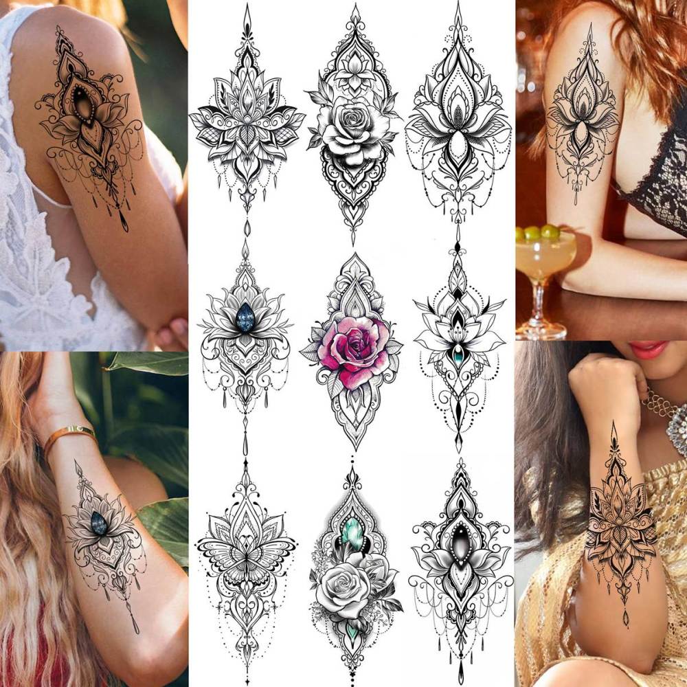 32 Sheets Sexy Black Lotus Temporary Tattoos For Women Girls Indian Tribal Lace Tatoo Sticker Neck, Mandala Flower Butterfly Rose Tattoo Temporary Dreamcatcher Elephant Henna Tattoo Kit Adults