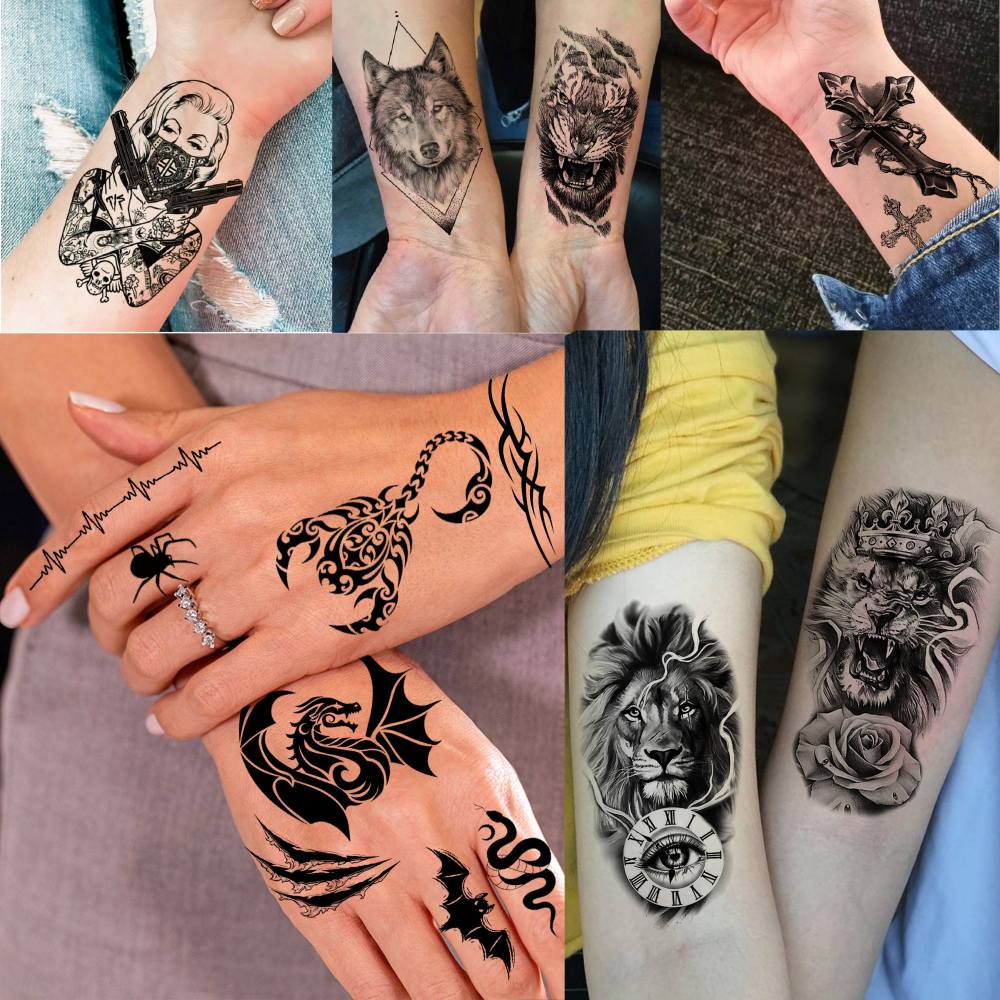 49 Sheets Tribal Black Temporary Tattoos For Women Men Adults Body Arm, Long Lasting Maori Wolf Tiger Lion Spartan Warrior Gladiator Fake Tattoo Stickers Gangster Rose Skull, Bulk Halloween Tattoos
