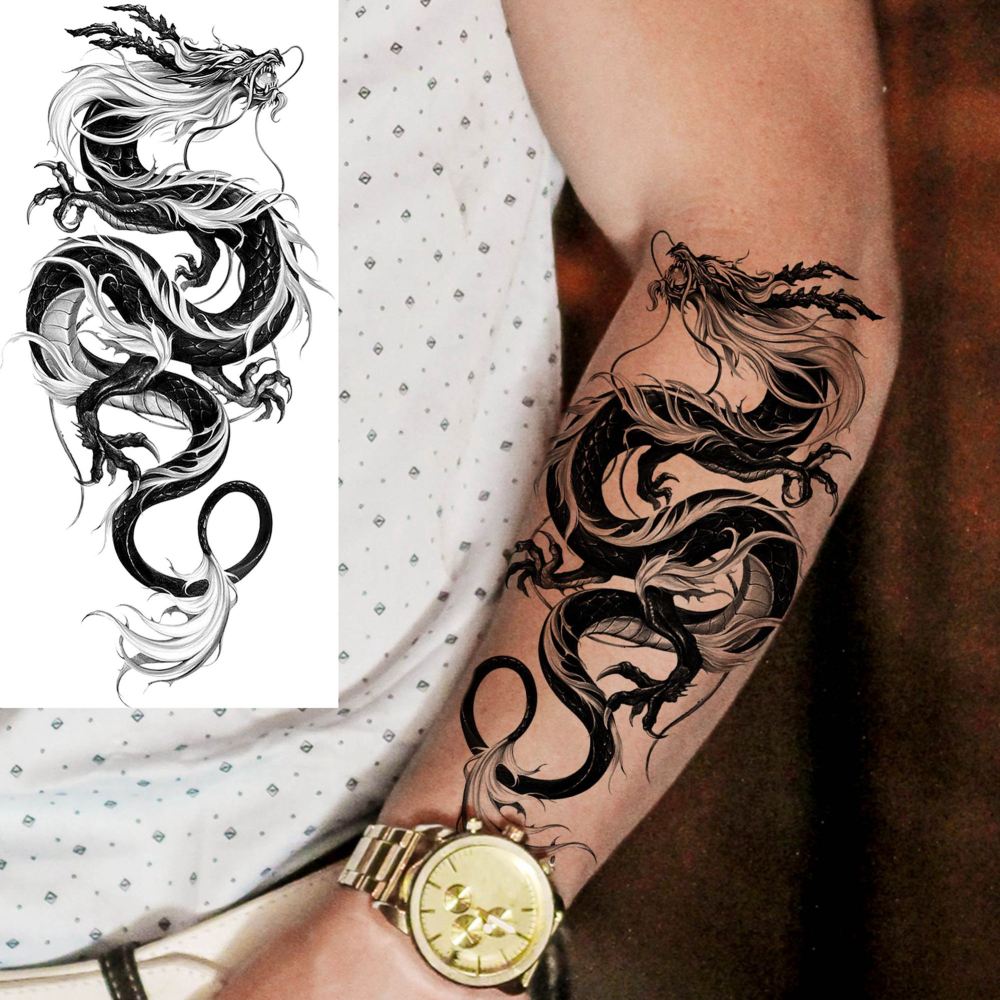 8 Sheets Cool Dragon Temporary Tattoos For Men Women Adults, Black Realistic Dragon Tattoo Sticker Half Arm Sleeve, Waterproof Tribal Totem Fake Tattoos That Look Real and Long Lasting Set Kit