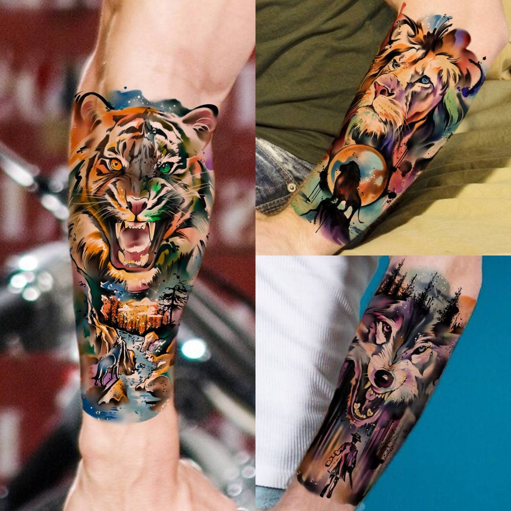 66 Sheets Watercolor Temporary Tattoos For Men Women Forearm Shoulder Legs Body Arm, 12 Sheets Long Lasting Lion Tiger Wolf Dragon Ealge Fake Tattoo Sleeve Adults, 54 Sheets Groovy Small Tatoos Kids