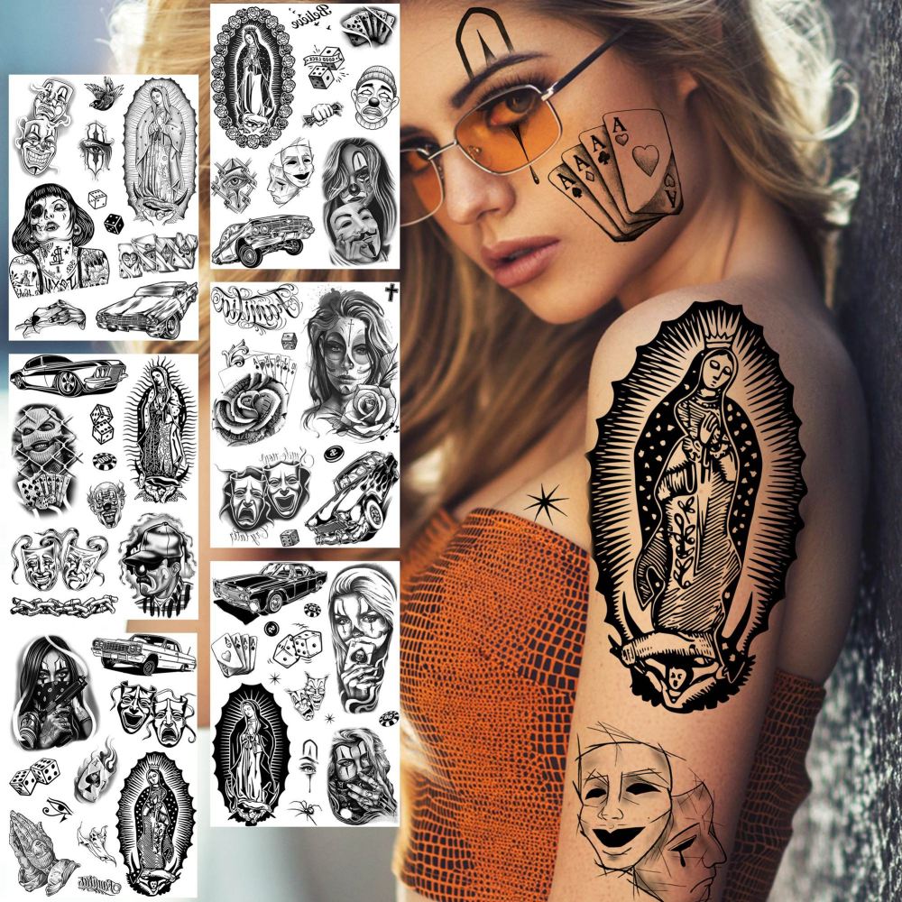 6 Sheets Large Chicano Temporary Tattoos For Men Women Adult, Chicana Guadalupe Gangster Fake Tattoos Prisoner Day of the Dead, Halloween Mexico Tattoo Stickers, Tatuajes Temporales Autocolante