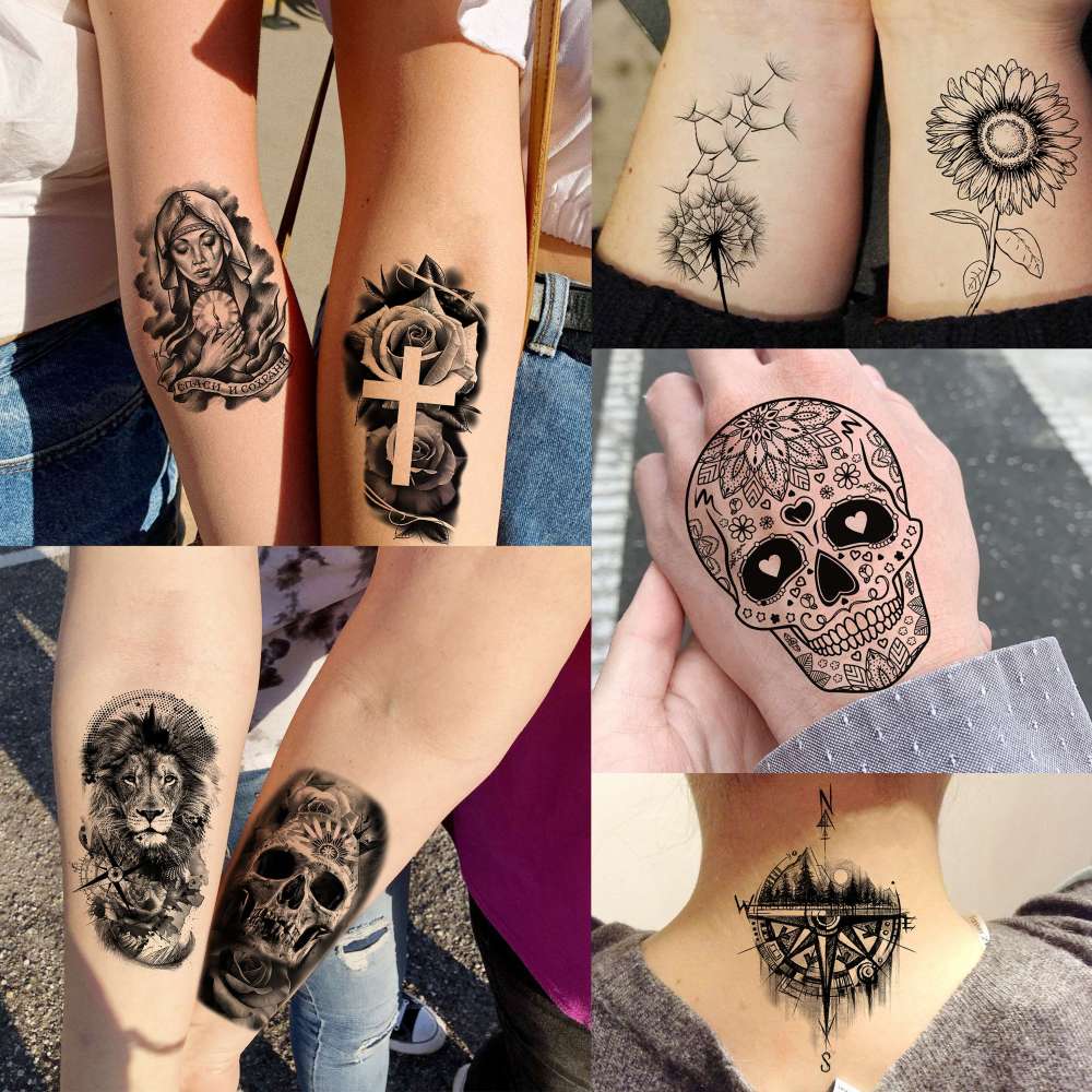 67 Sheets Black Realistic Rose Flower Temporary Tattoos For Women Girls Arm Thigh, Peony Moon Tiger Floral Temp Sleeve Tattoo Sticker Adult, Waterproof Fake Tatoos That Look Real And Last Long