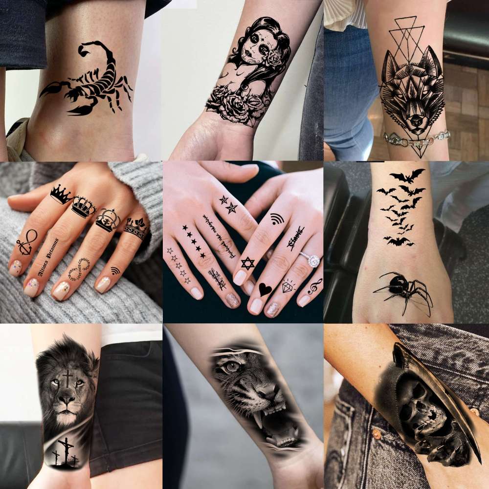 60 Sheets 3D Cool Lion Tiger Temporary Tattoos For Men Women Arm Finger Hands, Small Scary Devil Skull Skeleton Fake Tattoos For Adult Teens Halloween, Black Wolf Dragon Realistic Tatoo Sticker