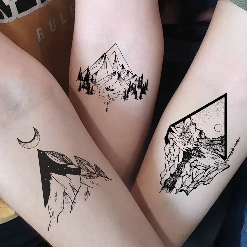 52 Sheets Small Black Mountain Temporary Tattoos For Men Women Adult, Geometric Sea Weave Forest Pine Tree Realistic Tattoo Sticker For Kids Children, Moon Sun Star Triangle Tatoos Outer Space