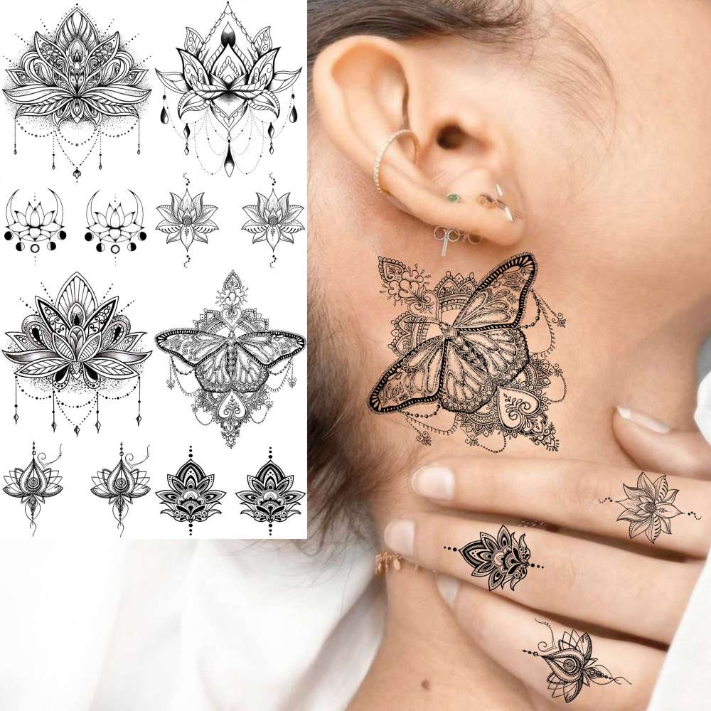 15 Sheets Sexy Black Lotus Temporary Tattoos For Women Wedding Brides, Tribal Fake Jewelry Pendant Lace Moon Moth Flowers Temp Tattoos Temporary Sticker For Girls Arm Neck Hands Tatoos Jewels