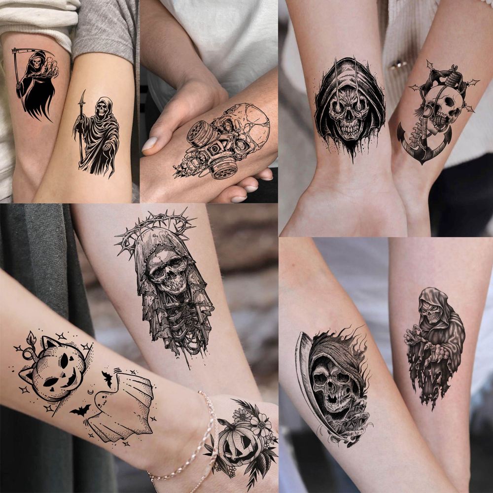 61 Sheets Halloween Temporary Tattoos for Men Women Adults, 12 Sheets Skeleton Death Skull Demon Devil Half Arm Sleeve Fake Tattoo Stickers, 49 Sheets Spider Web Bat Snake Vampire Scar Face Tattoos