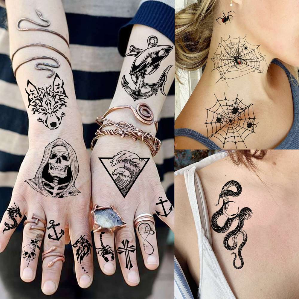 59 Sheets 3D Black Halloween Temporary Tattoos For Men Women Kids, Long Lasting Temp Fake Sleeeve Tattoos For Adults, Large Realistic Skull Skeleton Owl Wolf Lion Tiger Ship Tatoo Sticker Arm