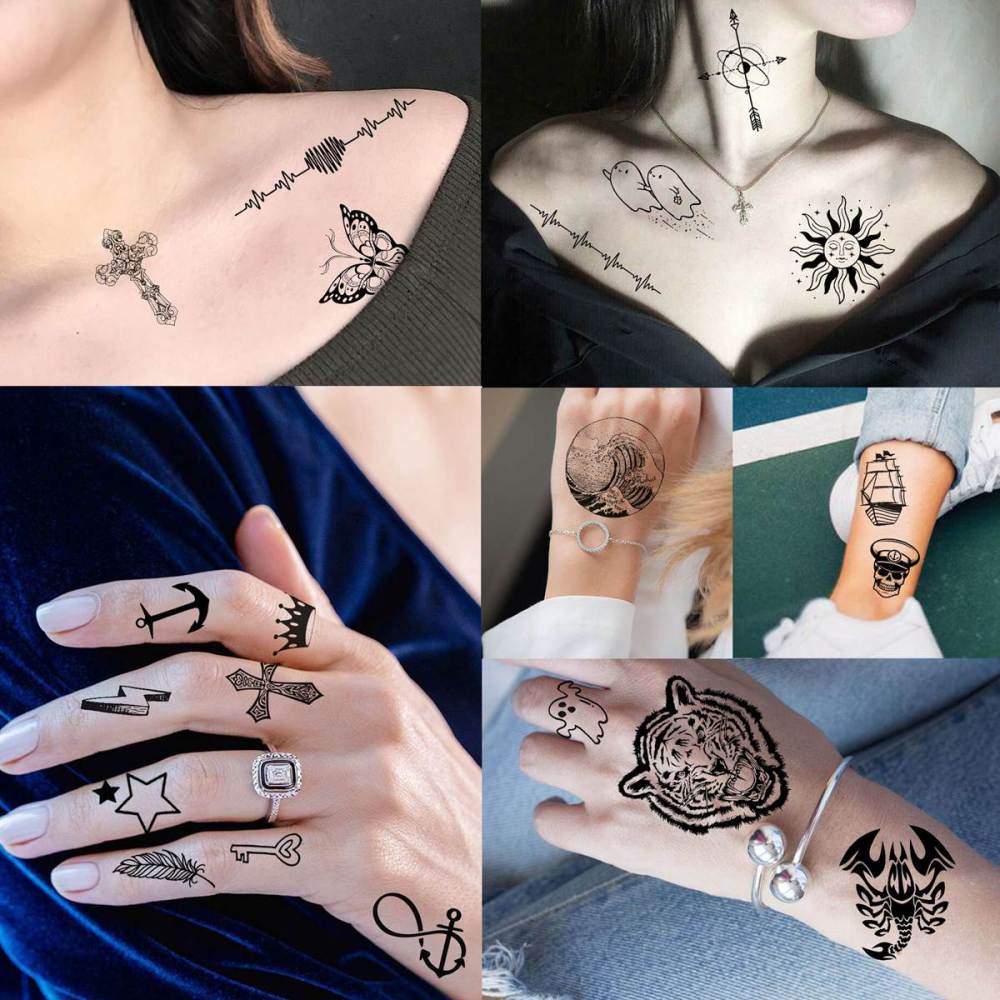 52 Sheets Tiny Small Temporary Tattoos For Kids Boys Girls, Tribal Animals Butterfly Anchor Compass Tattoo Stickers For Men Women, 3D Cute Flower Fake Face Tatoo Kits Sets For Neck Arm Hands