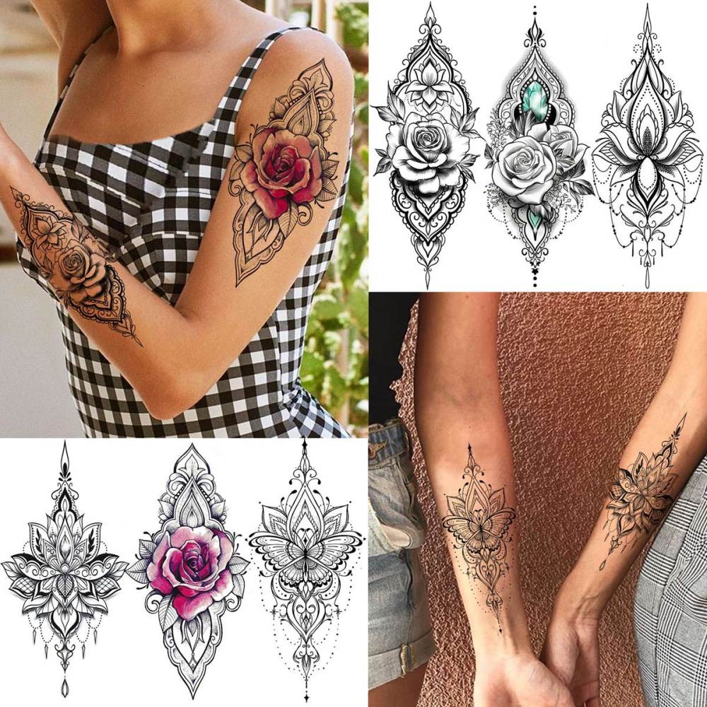 32 Sheets Sexy Black Lotus Temporary Tattoos For Women Girls Indian Tribal Lace Tatoo Sticker Neck, Mandala Flower Butterfly Rose Tattoo Temporary Dreamcatcher Elephant Henna Tattoo Kit Adults