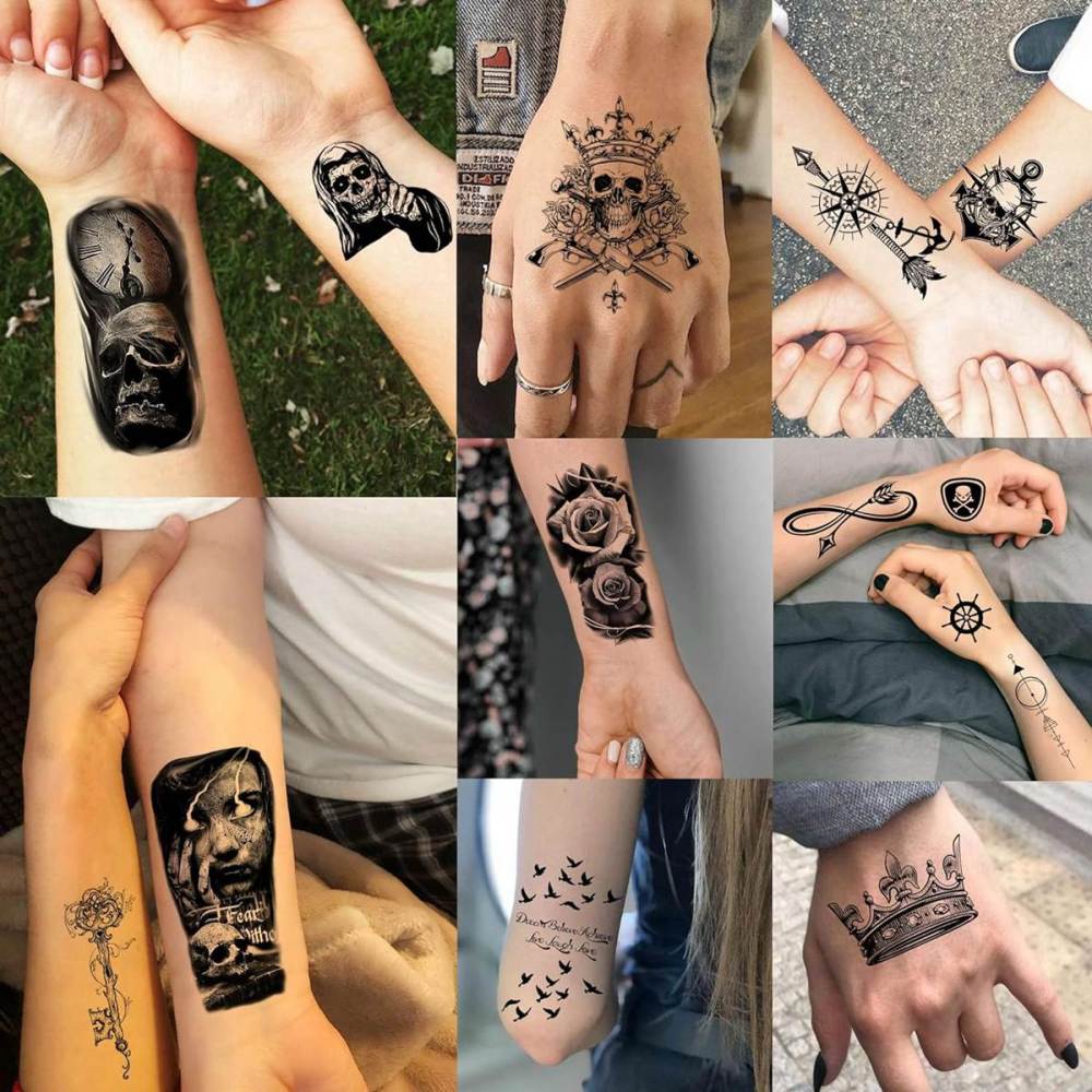 48 Sheets 3D Small Temporary Tattoos For Kids Women Neck Girls Arm Boys, Temp Tiny Halloween Tattoo Stickers Men Spider Cross Scorpion Snake Tiger Lion, Flower Ghost Skull Fake Tatoos Acnhor