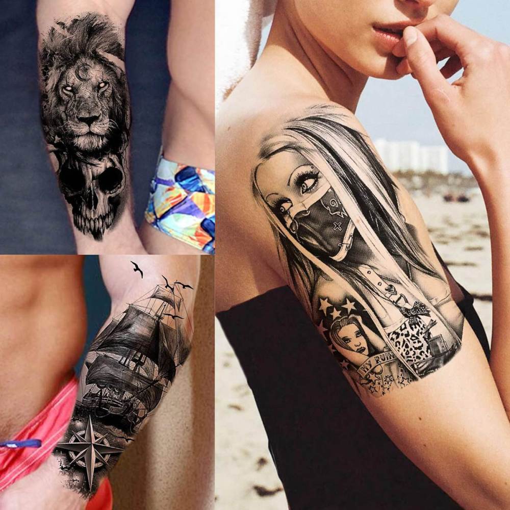 63 Sheets Tribal Wolf Lion Tiger Temporary Tattoos For Men Women Adults, Scary Halloween Skull Gangster Fake Tattoo Stickers Kids, Small 3D Realistic Tattoos Thigh Arm Neck Elephant Warrior