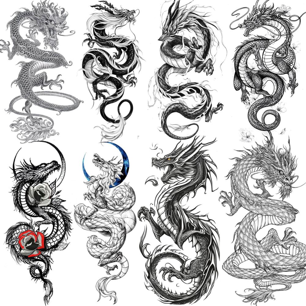 8 Sheets Cool Dragon Temporary Tattoos For Men Women Adults, Black Realistic Dragon Tattoo Sticker Half Arm Sleeve, Waterproof Tribal Totem Fake Tattoos That Look Real and Long Lasting Set Kit