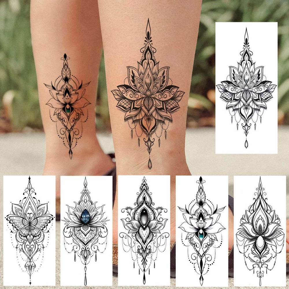 32 Sheets Sexy Black Lotus Temporary Tattoos For Women Girls Indian Tribal Lace Tatoo Sticker Neck, Mandala Flower Butterfly Rose Tattoo Temporary Dreamcatcher Elephant Henna Tattoo Kit Adults