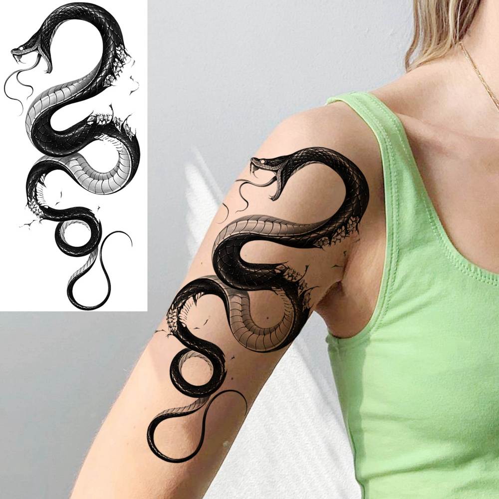 8 Sheets Cobra Snake Temporary Tattoos For Women Men Adults, Half Arm Sleeve Fake Tattoo Stickers Serpent, 3D Waterproof Halloween Black Realistic Snake Tattoos For Legs Forearm Back Neck Sets