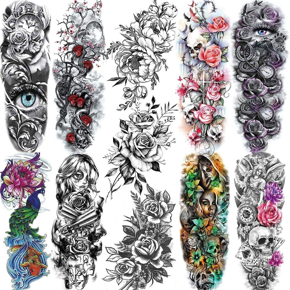 11 Sheets Large Vine Peony Flower Rose Full Arm Temporary Tattoos For Women Realistic Skull Skeleton Fake Temporary Tattoo Sleeves Stickers Waterproof Leg Makeup Floral Blossom Tatoos Paper Eye