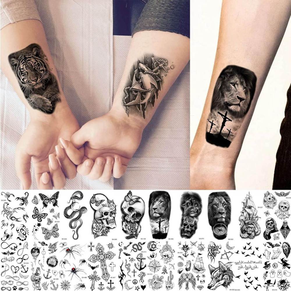 48 Sheets 3D Small Temporary Tattoos For Kids Women Neck Girls Arm Boys, Temp Tiny Halloween Tattoo Stickers Men Spider Cross Scorpion Snake Tiger Lion, Flower Ghost Skull Fake Tatoos Acnhor