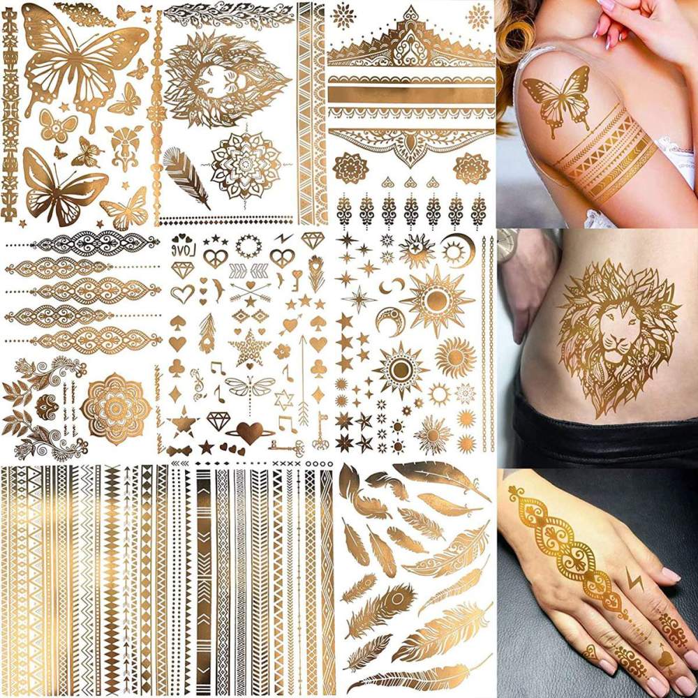 9 Sheets 110+ Designs Flash Gold Temporary Tattoos Metallic For Women Adult, Girl Golden Lion Festival Sun Moon Star Butterfly Glitter Tattoo Sticker, Fake Tattoos That Look Real and Last Long