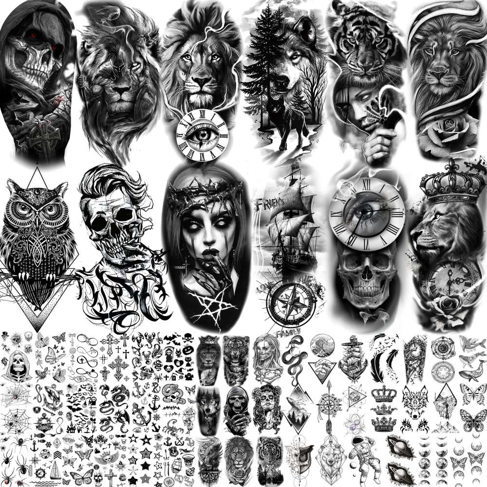 59 Sheets 3D Black Halloween Temporary Tattoos For Men Women Kids, Long Lasting Temp Fake Sleeeve Tattoos For Adults, Large Realistic Skull Skeleton Owl Wolf Lion Tiger Ship Tatoo Sticker Arm
