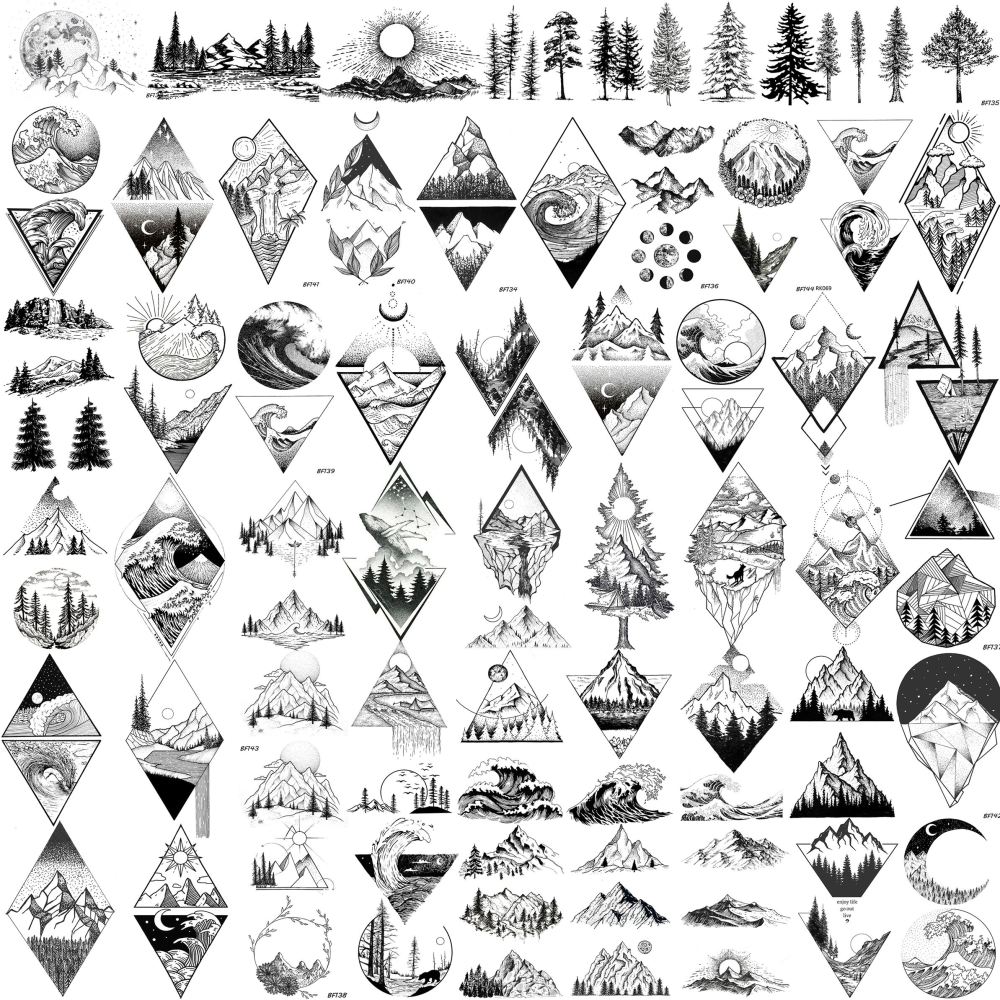 52 Sheets Small Black Mountain Temporary Tattoos For Men Women Adult, Geometric Sea Weave Forest Pine Tree Realistic Tattoo Sticker For Kids Children, Moon Sun Star Triangle Tatoos Outer Space
