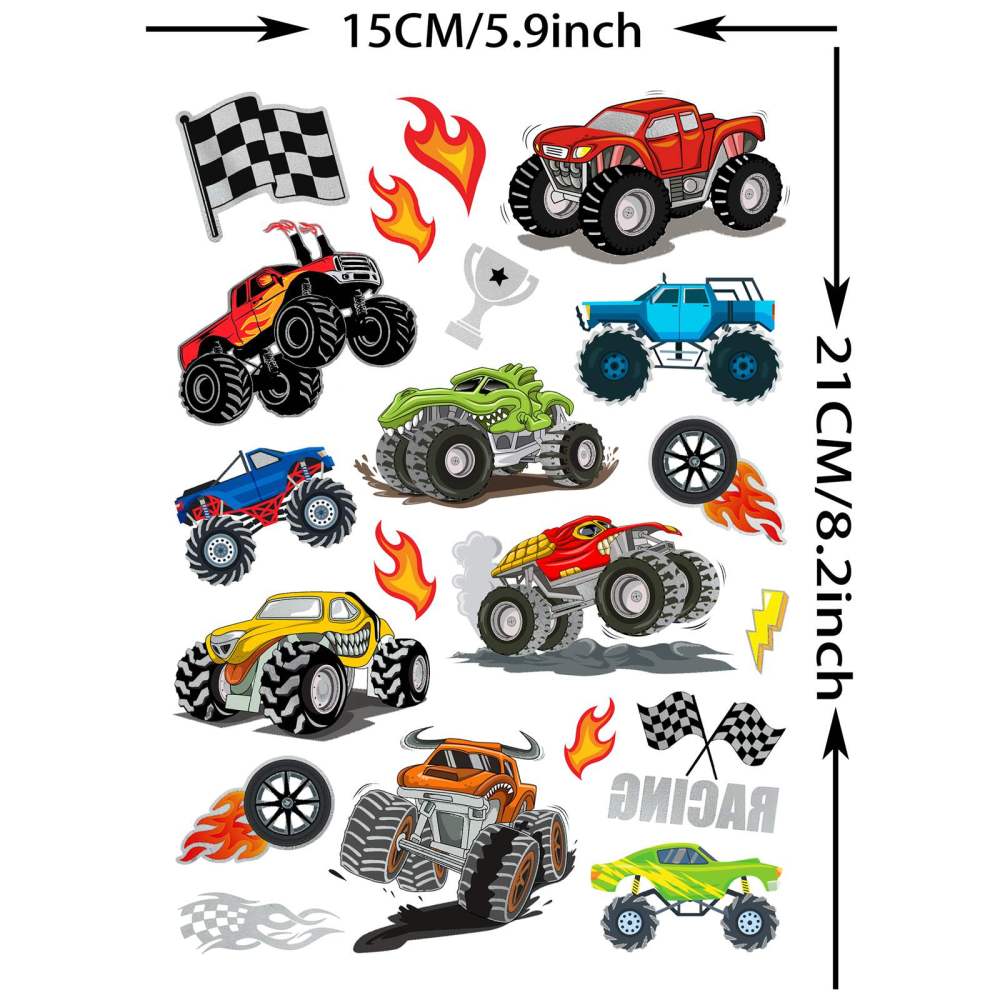 61+ PCS Monster Truck Temporary Tattoos For Kids Boys Girls, Groovy Flash Glitter Silver Metallic Fake Tattoo Sticker, Cartoon Racing Car Flames Trophy Face Tattoo Party Supplies Goodie Bags Stuffers