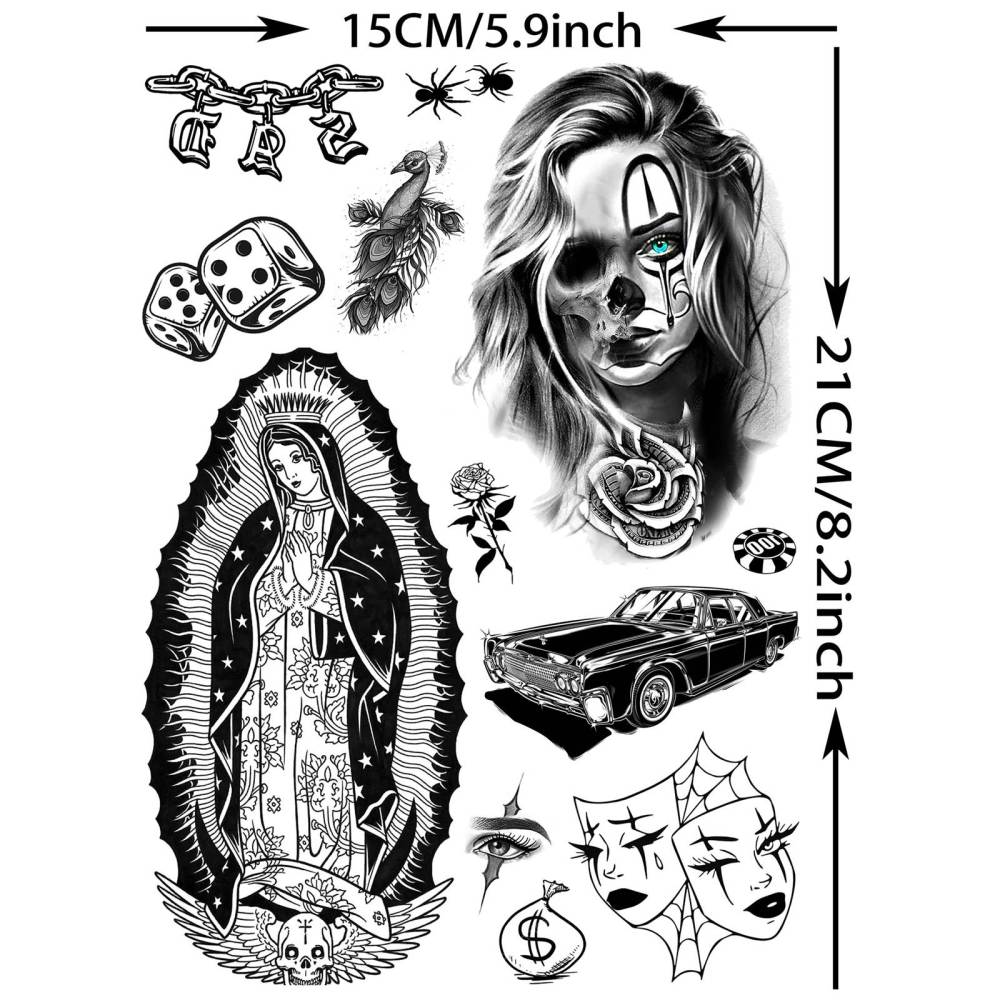 6 Sheets Chicano Temporary Tattoos For Women Men Adults Halloween Face Makeup Kit, Black Guadalupe Tattoo Stickers, Gangster Payasa Gansta Fake Tatoos Prison Familia Joker, Tatuajes Temporales