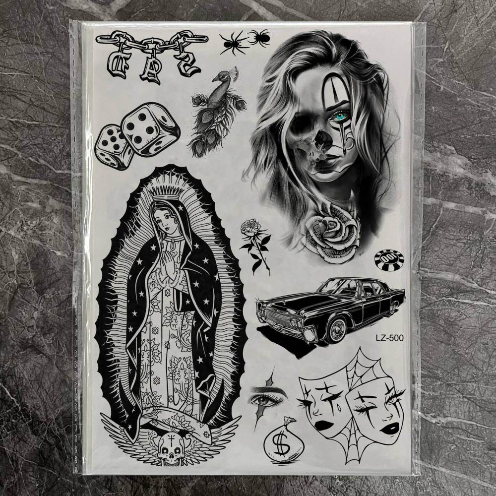 6 Sheets Chicano Temporary Tattoos For Women Men Adults Halloween Face Makeup Kit, Black Guadalupe Tattoo Stickers, Gangster Payasa Gansta Fake Tatoos Prison Familia Joker, Tatuajes Temporales