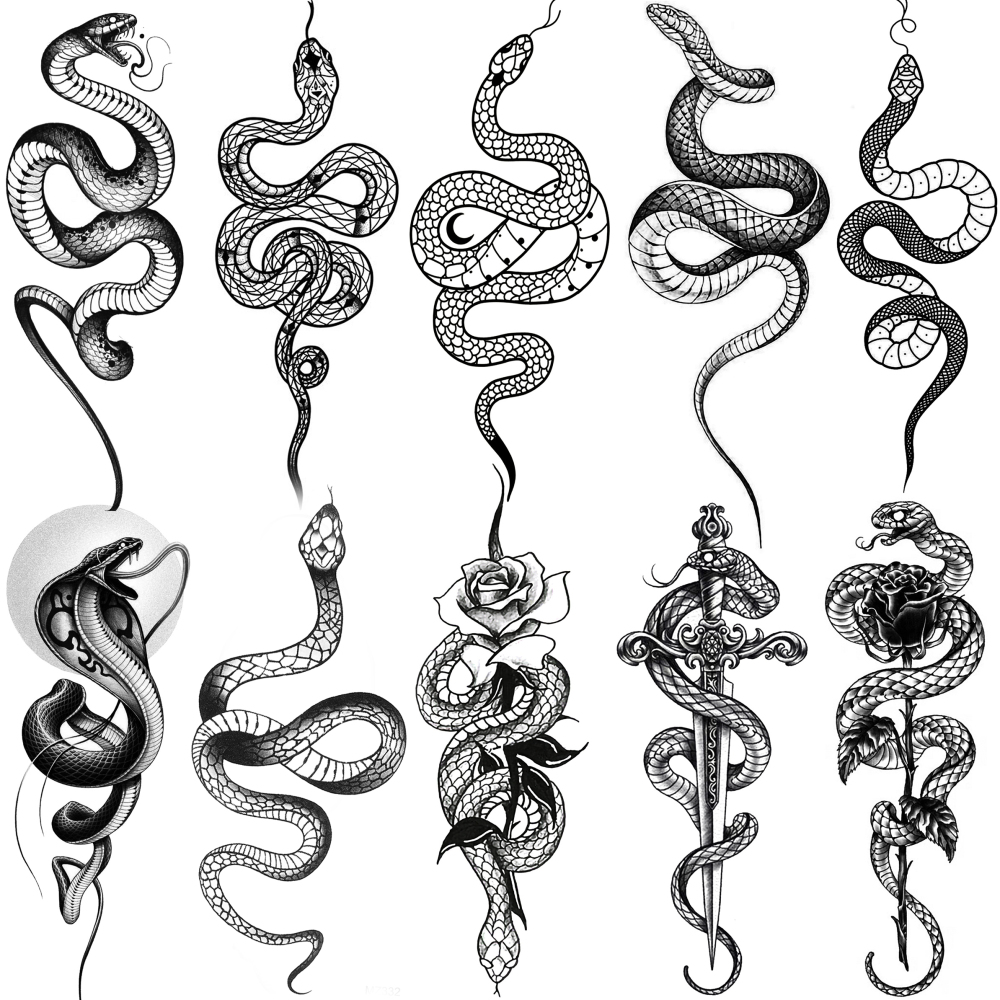 10 Sheets Realistic Snake Temporary Tattoos For Women Men Forearm Arm Sexy 3D Tribal Cobra Mamba Viper Serpent Tattoos Temporary Adults Kids Fake Tattoos Sticker Black Sword Rose Flower Tatoos