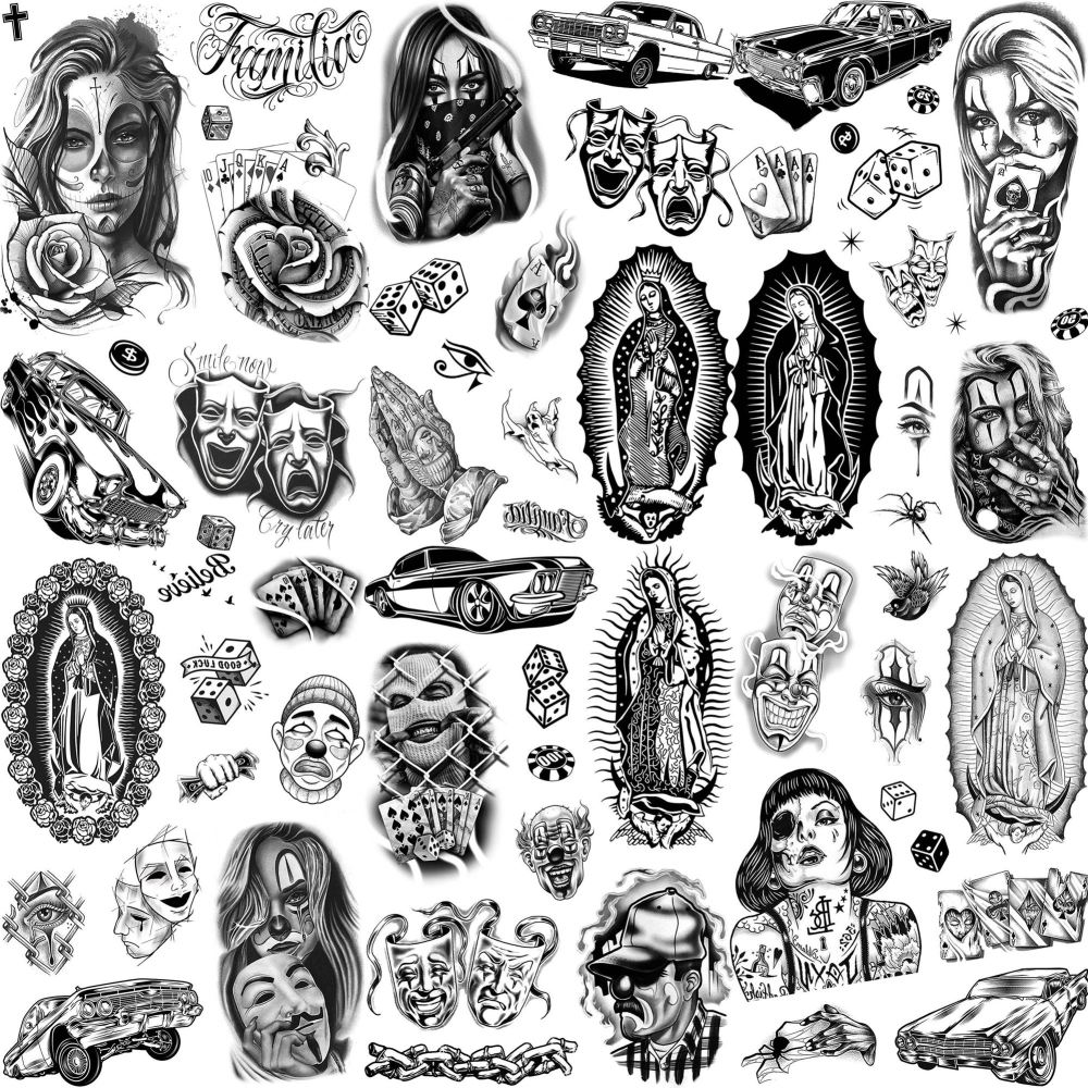 6 Sheets Large Chicano Temporary Tattoos For Men Women Adult, Chicana Guadalupe Gangster Fake Tattoos Prisoner Day of the Dead, Halloween Mexico Tattoo Stickers, Tatuajes Temporales Autocolante