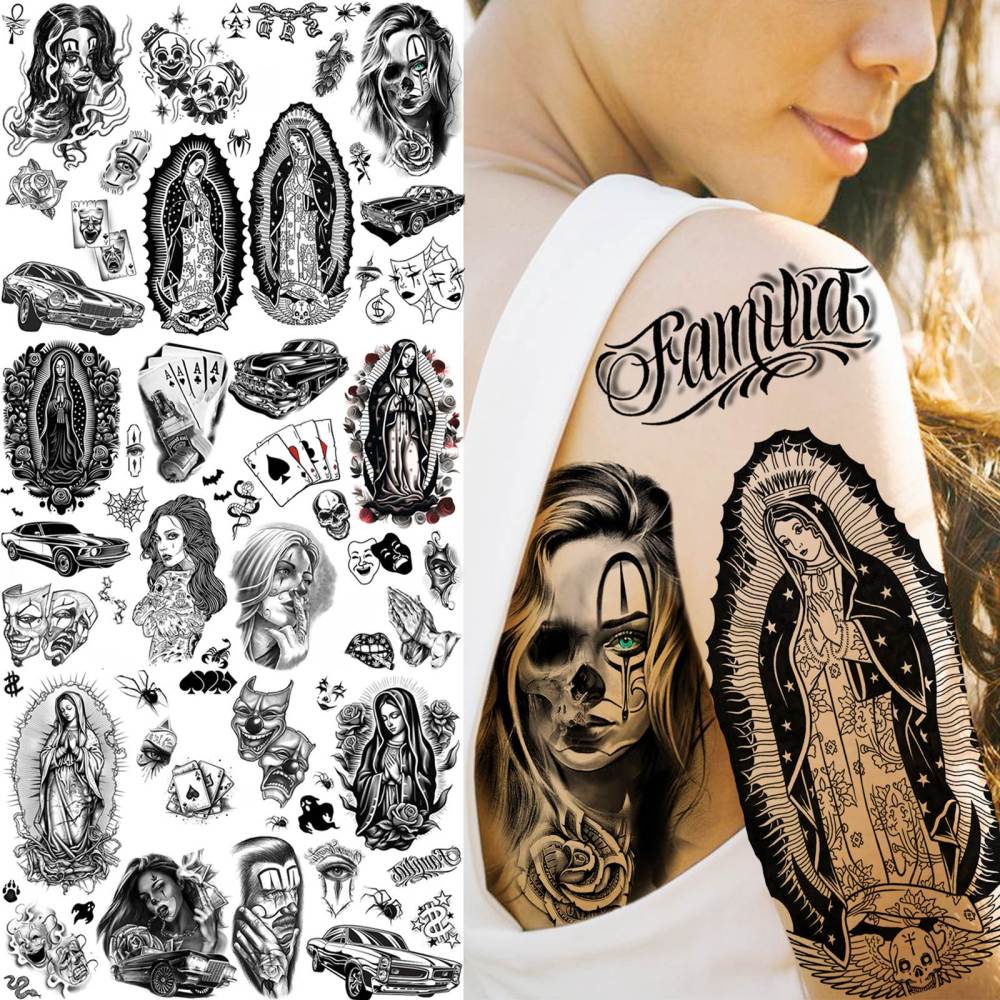 6 Sheets Chicano Temporary Tattoos For Women Men Adults Halloween Face Makeup Kit, Black Guadalupe Tattoo Stickers, Gangster Payasa Gansta Fake Tatoos Prison Familia Joker, Tatuajes Temporales