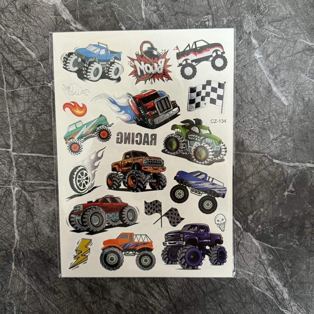 61+ PCS Monster Truck Temporary Tattoos For Kids Boys Girls, Groovy Flash Glitter Silver Metallic Fake Tattoo Sticker, Cartoon Racing Car Flames Trophy Face Tattoo Party Supplies Goodie Bags Stuffers
