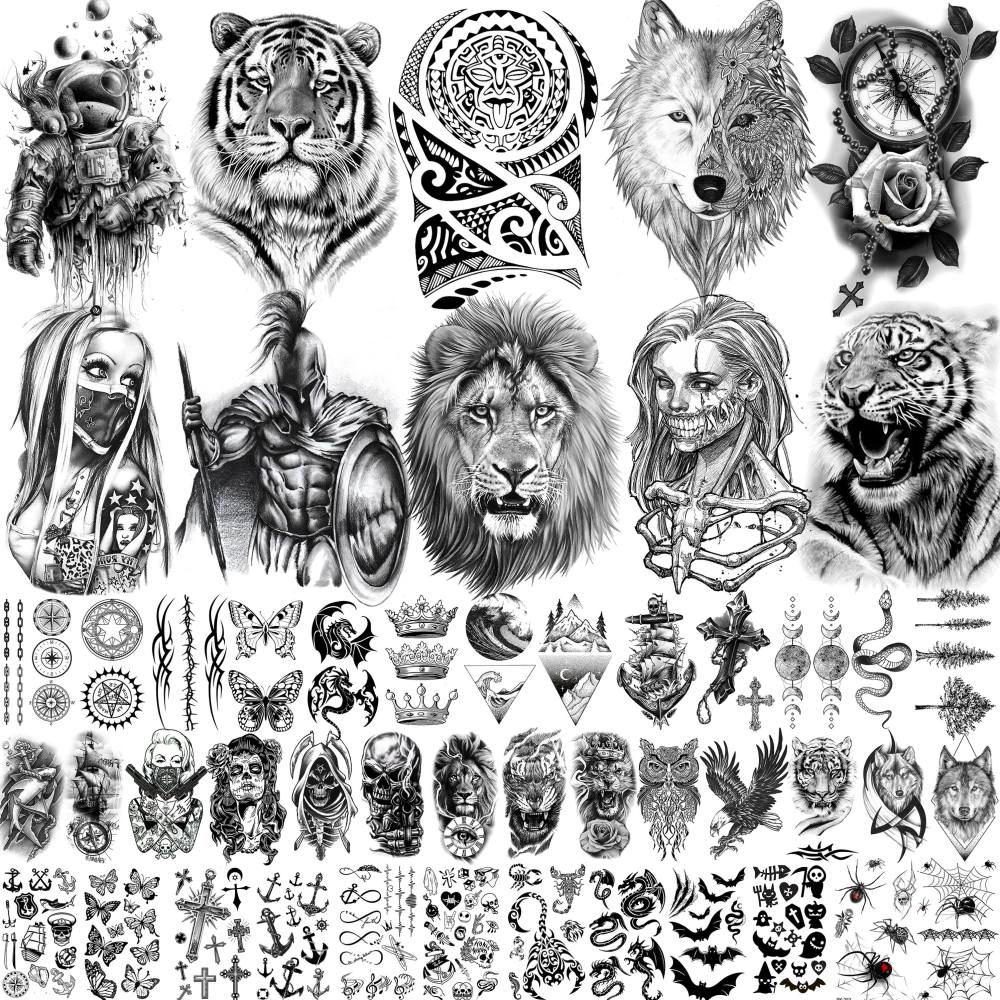 49 Sheets Tribal Black Temporary Tattoos For Women Men Adults Body Arm, Long Lasting Maori Wolf Tiger Lion Spartan Warrior Gladiator Fake Tattoo Stickers Gangster Rose Skull, Bulk Halloween Tattoos
