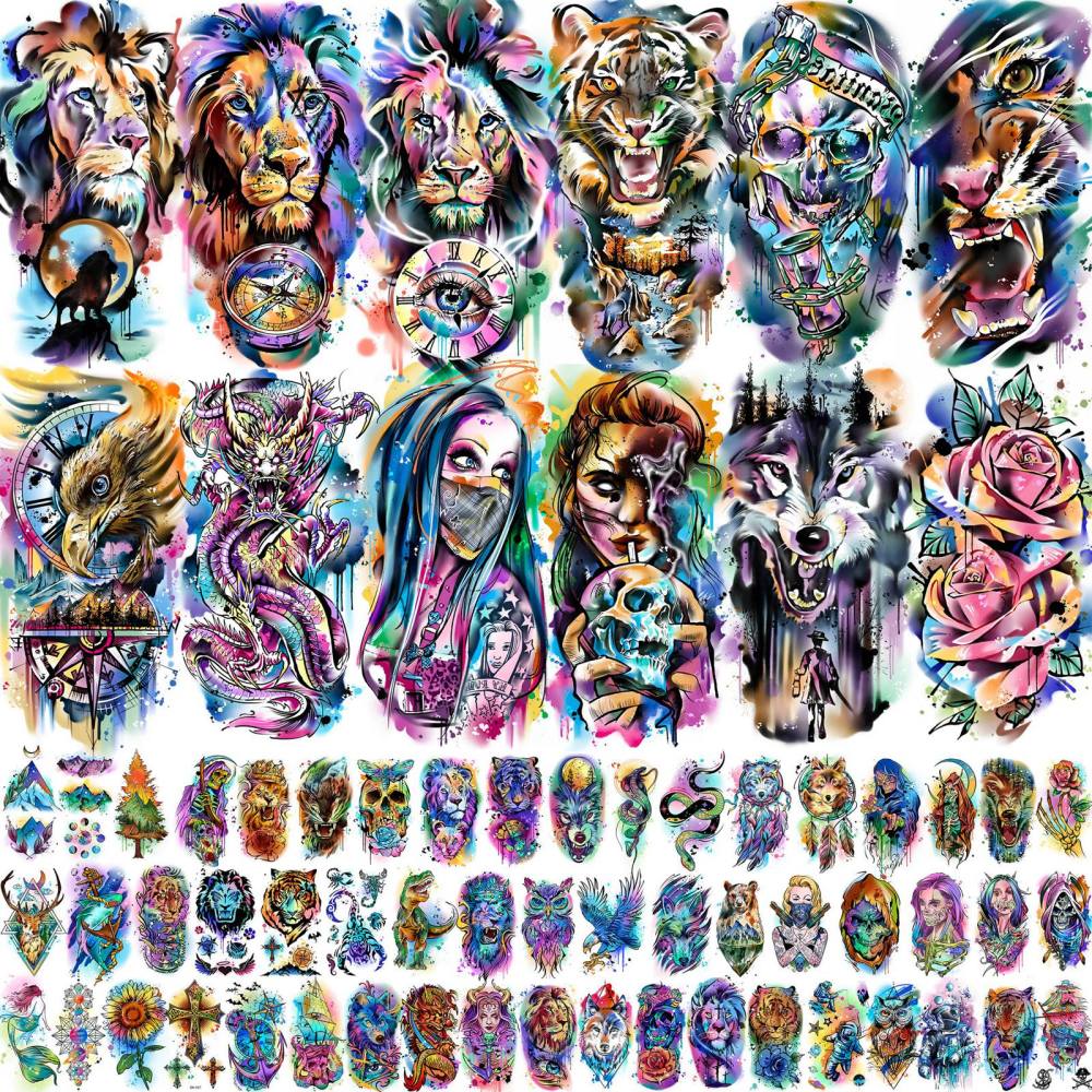 66 Sheets Watercolor Temporary Tattoos For Men Women Forearm Shoulder Legs Body Arm, 12 Sheets Long Lasting Lion Tiger Wolf Dragon Ealge Fake Tattoo Sleeve Adults, 54 Sheets Groovy Small Tatoos Kids