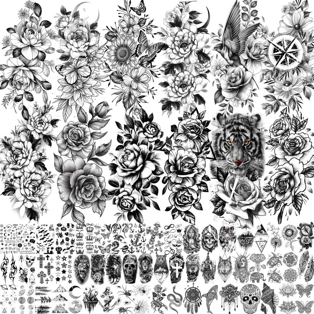 67 Sheets Black Realistic Rose Flower Temporary Tattoos For Women Girls Arm Thigh, Peony Moon Tiger Floral Temp Sleeve Tattoo Sticker Adult, Waterproof Fake Tatoos That Look Real And Last Long