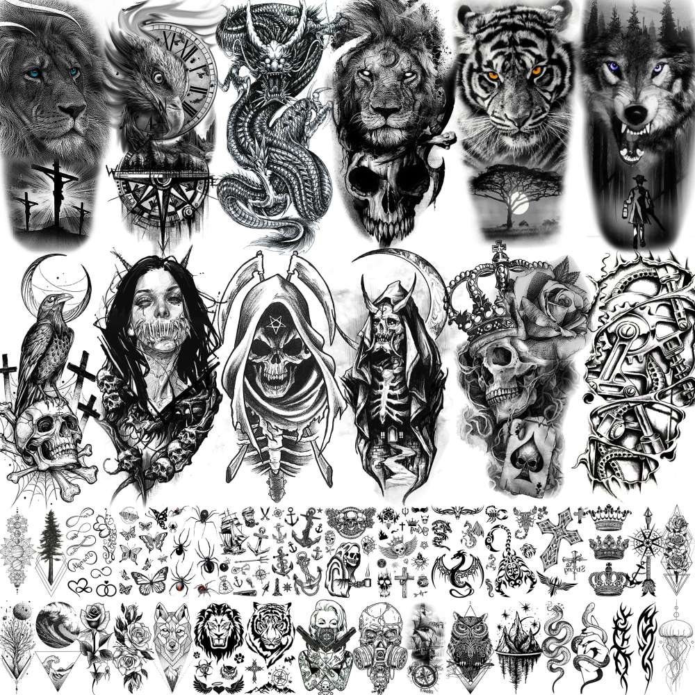 66 Sheets Black Eagle Dragon Halloween Temporary Tattoos For Men Women Thigh, Scary Tiger Lion Devil Skull Fake Tattoos For Adults, 3D Wolf Large Half Arm Sleeve Realistic Tattoo Forearm Vampire Demon