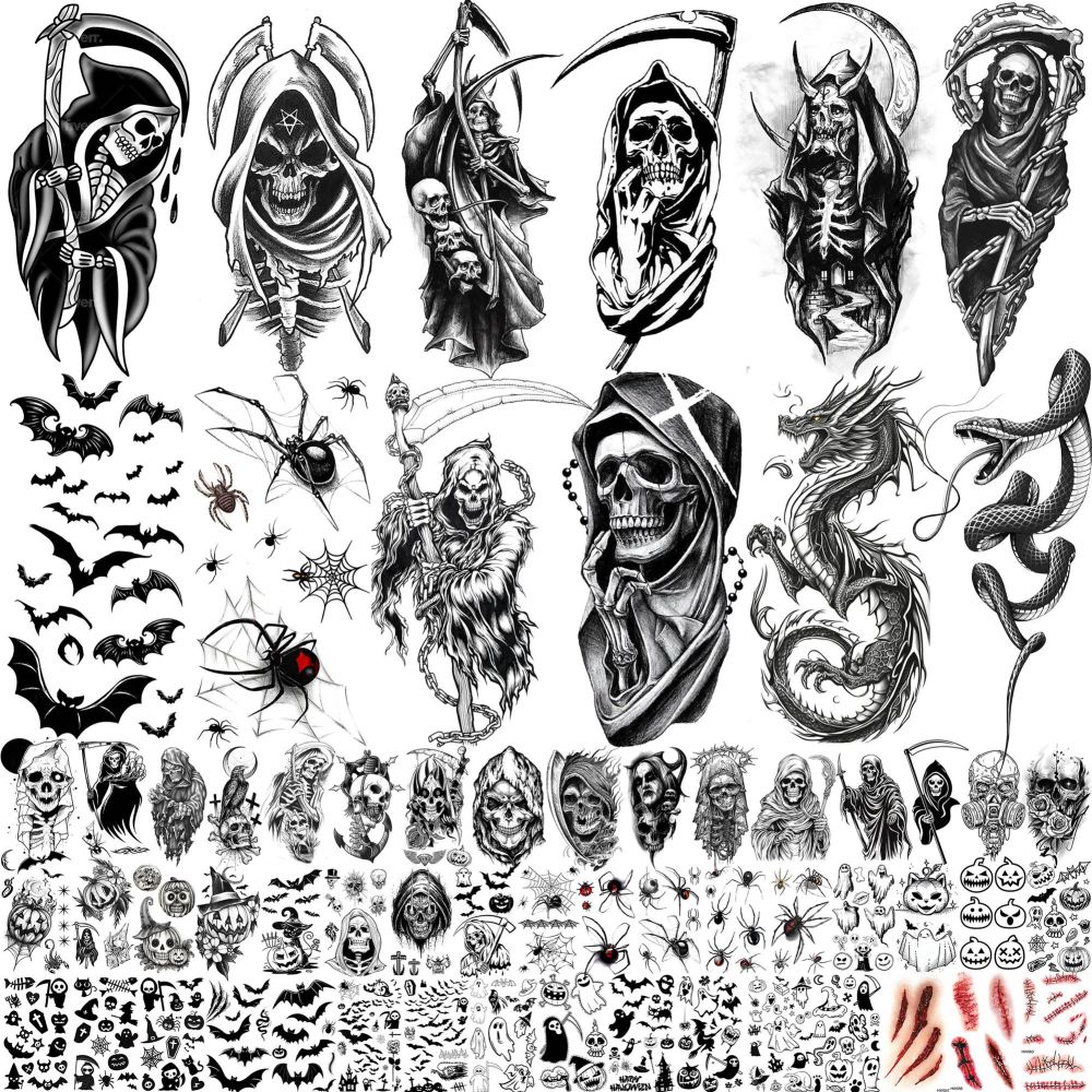 61 Sheets Halloween Temporary Tattoos for Men Women Adults, 12 Sheets Skeleton Death Skull Demon Devil Half Arm Sleeve Fake Tattoo Stickers, 49 Sheets Spider Web Bat Snake Vampire Scar Face Tattoos