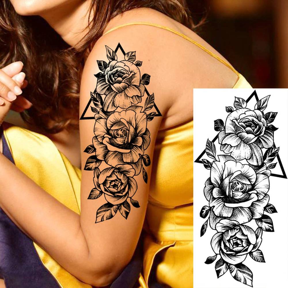 8 Sheets Flower Rose Temporary Tattoos For Women Men Adults Hands Finger Foot Neck Clavicle Shank Arm Body Art Makeup, Semi Permanent Temp Fake Tattoo Stickers Waterproof Long Lasting Realistic Tatoos For Festival Party Accessory
