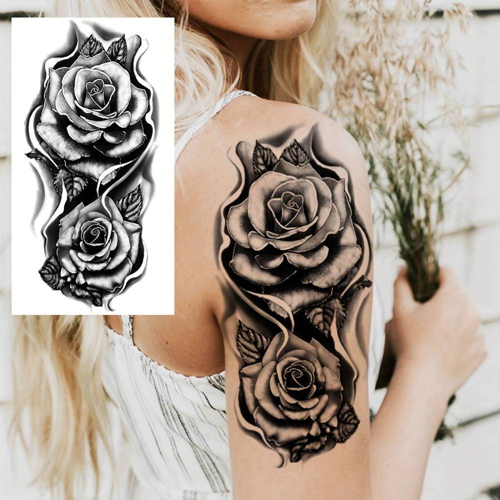 8 Sheets Flower Rose Temporary Tattoos For Women Men Adults Hands Finger Foot Neck Clavicle Shank Arm Body Art Makeup, Semi Permanent Temp Fake Tattoo Stickers Waterproof Long Lasting Realistic Tatoos For Festival Party Accessory