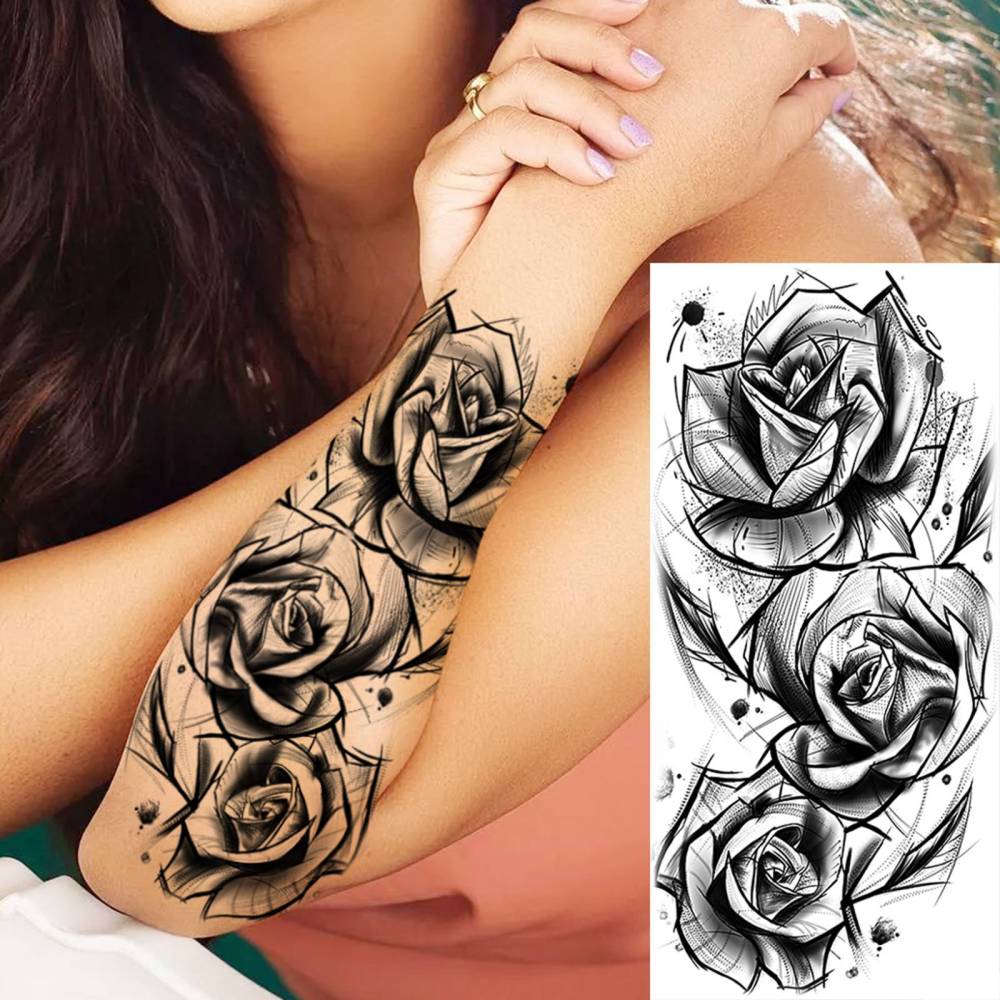 8 Sheets Flower Rose Temporary Tattoos For Women Men Adults Hands Finger Foot Neck Clavicle Shank Arm Body Art Makeup, Semi Permanent Temp Fake Tattoo Stickers Waterproof Long Lasting Realistic Tatoos For Festival Party Accessory