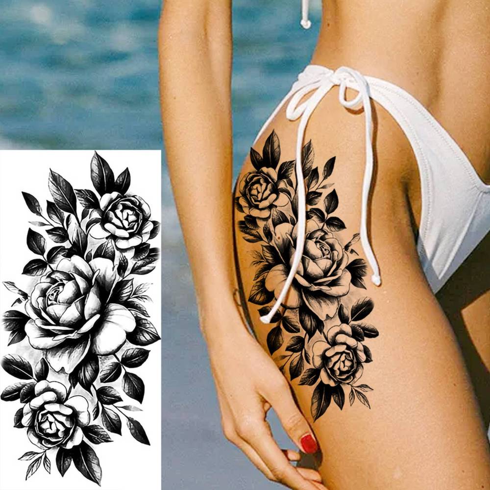 8 Sheets Flower Rose Temporary Tattoos For Women Men Adults Hands Finger Foot Neck Clavicle Shank Arm Body Art Makeup, Semi Permanent Temp Fake Tattoo Stickers Waterproof Long Lasting Realistic Tatoos For Festival Party Accessory