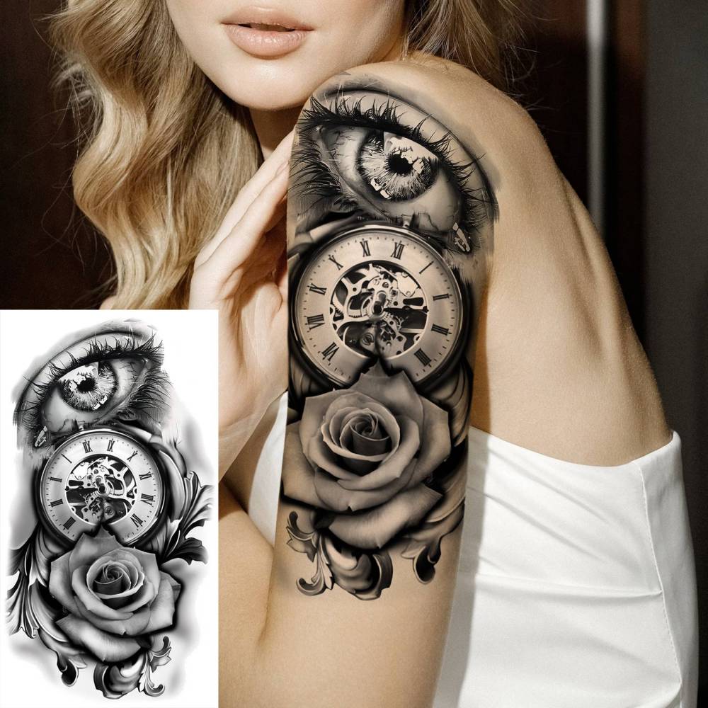 8 Sheets Flower Rose Temporary Tattoos For Women Men Adults Hands Finger Foot Neck Clavicle Shank Arm Body Art Makeup, Semi Permanent Temp Fake Tattoo Stickers Waterproof Long Lasting Realistic Tatoos For Festival Party Accessory