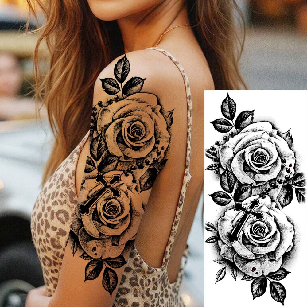 8 Sheets Flower Rose Temporary Tattoos For Women Men Adults Hands Finger Foot Neck Clavicle Shank Arm Body Art Makeup, Semi Permanent Temp Fake Tattoo Stickers Waterproof Long Lasting Realistic Tatoos For Festival Party Accessory