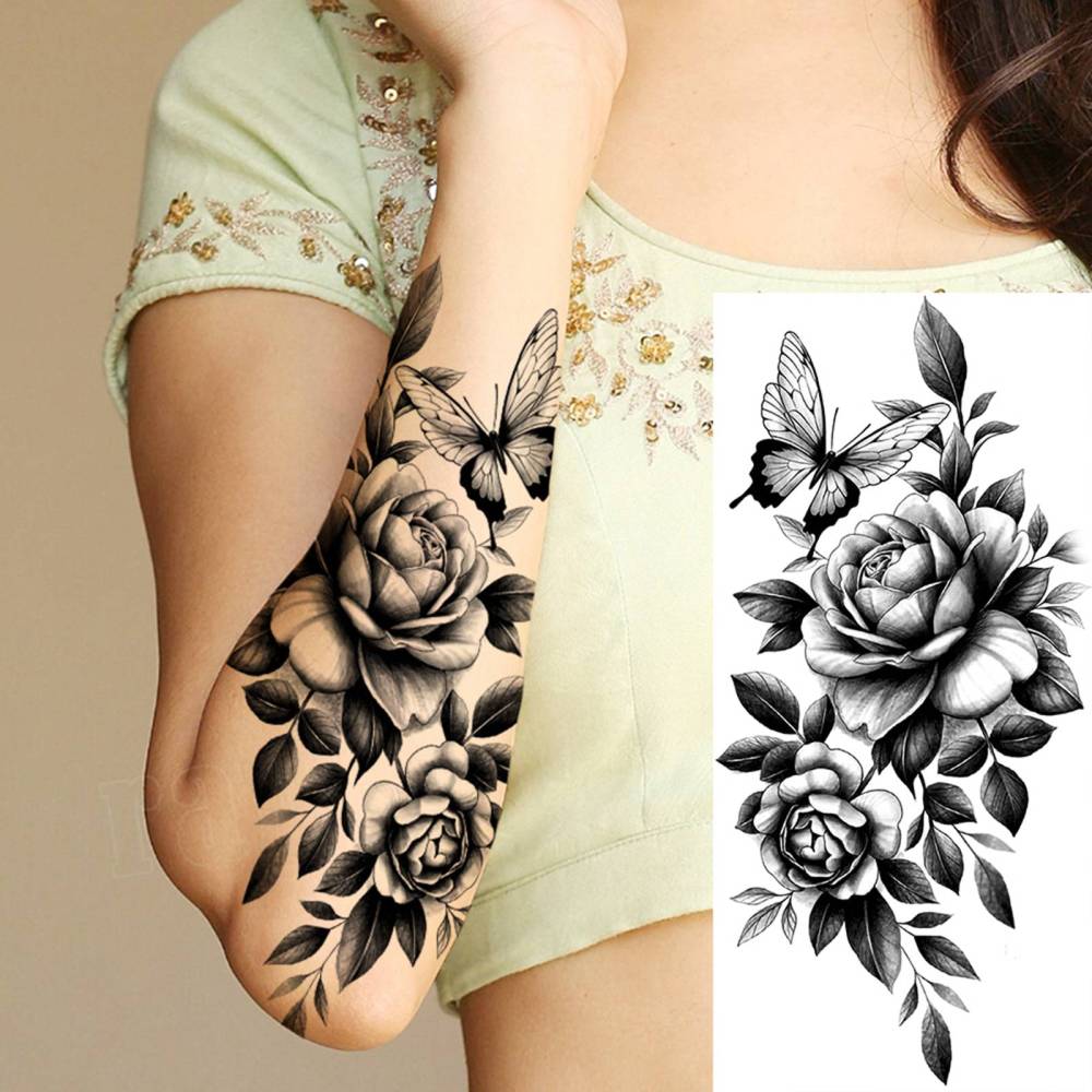 8 Sheets Flower Rose Temporary Tattoos For Women Men Adults Hands Finger Foot Neck Clavicle Shank Arm Body Art Makeup, Semi Permanent Temp Fake Tattoo Stickers Waterproof Long Lasting Realistic Tatoos For Festival Party Accessory