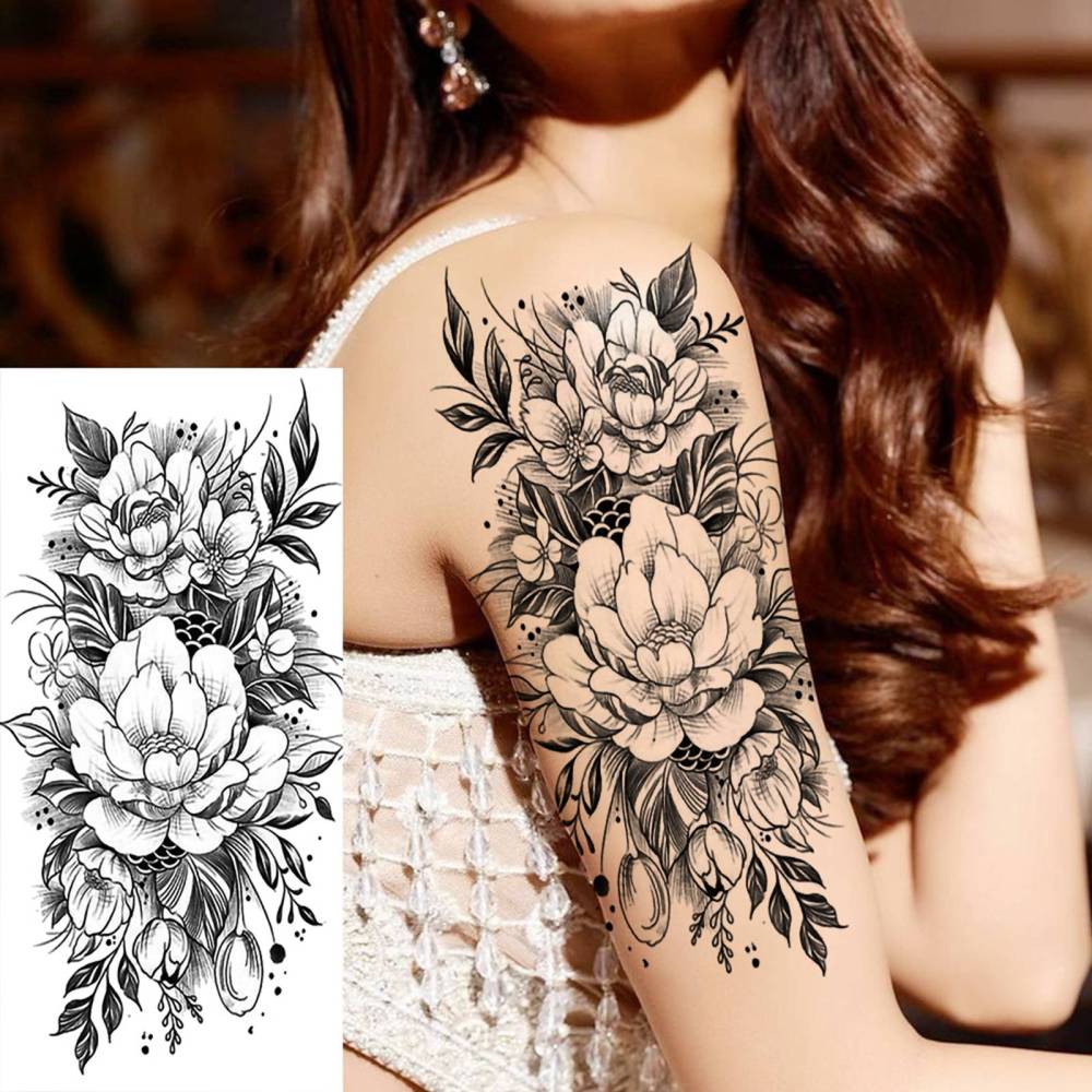 8 Sheets Flower Rose Temporary Tattoos For Women Men Adults Hands Finger Foot Neck Clavicle Shank Arm Body Art Makeup, Semi Permanent Temp Fake Tattoo Stickers Waterproof Long Lasting Realistic Tatoos For Festival Party Accessory