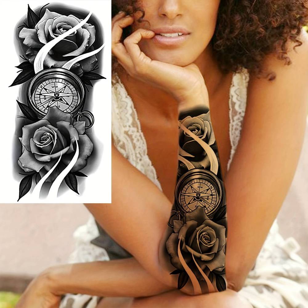 8 Sheets Flower Rose Temporary Tattoos For Women Men Adults Hands Finger Foot Neck Clavicle Shank Arm Body Art Makeup, Semi Permanent Temp Fake Tattoo Stickers Waterproof Long Lasting Realistic Tatoos For Festival Party Accessory