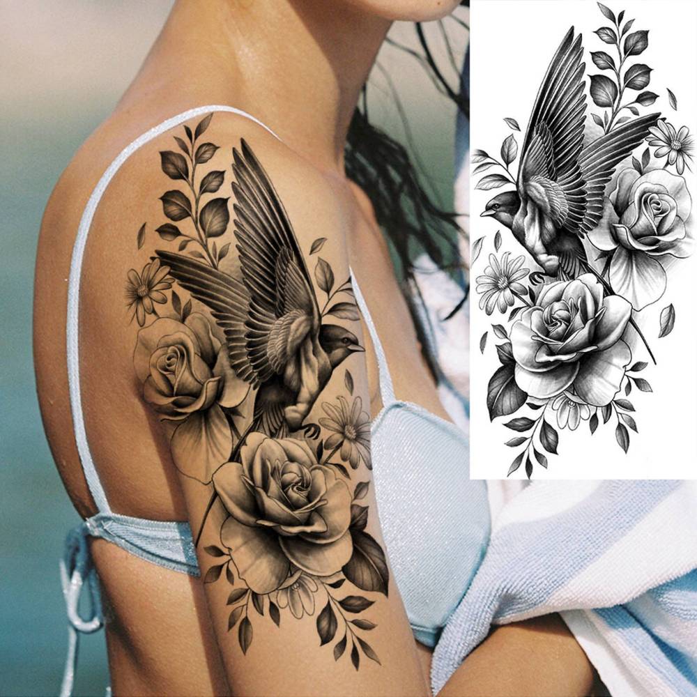 8 Sheets Flower Rose Temporary Tattoos For Women Men Adults Hands Finger Foot Neck Clavicle Shank Arm Body Art Makeup, Semi Permanent Temp Fake Tattoo Stickers Waterproof Long Lasting Realistic Tatoos For Festival Party Accessory
