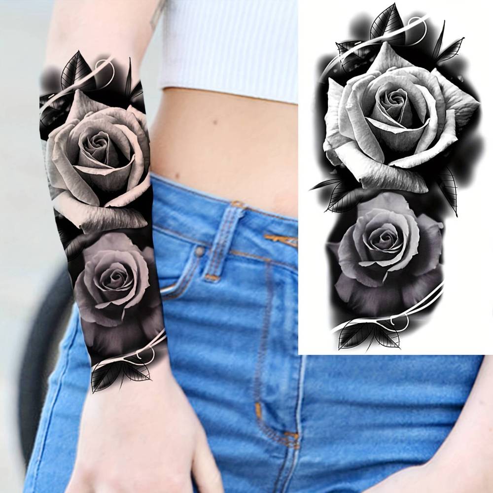 8 Sheets Flower Rose Temporary Tattoos For Women Men Adults Hands Finger Foot Neck Clavicle Shank Arm Body Art Makeup, Semi Permanent Temp Fake Tattoo Stickers Waterproof Long Lasting Realistic Tatoos For Festival Party Accessory