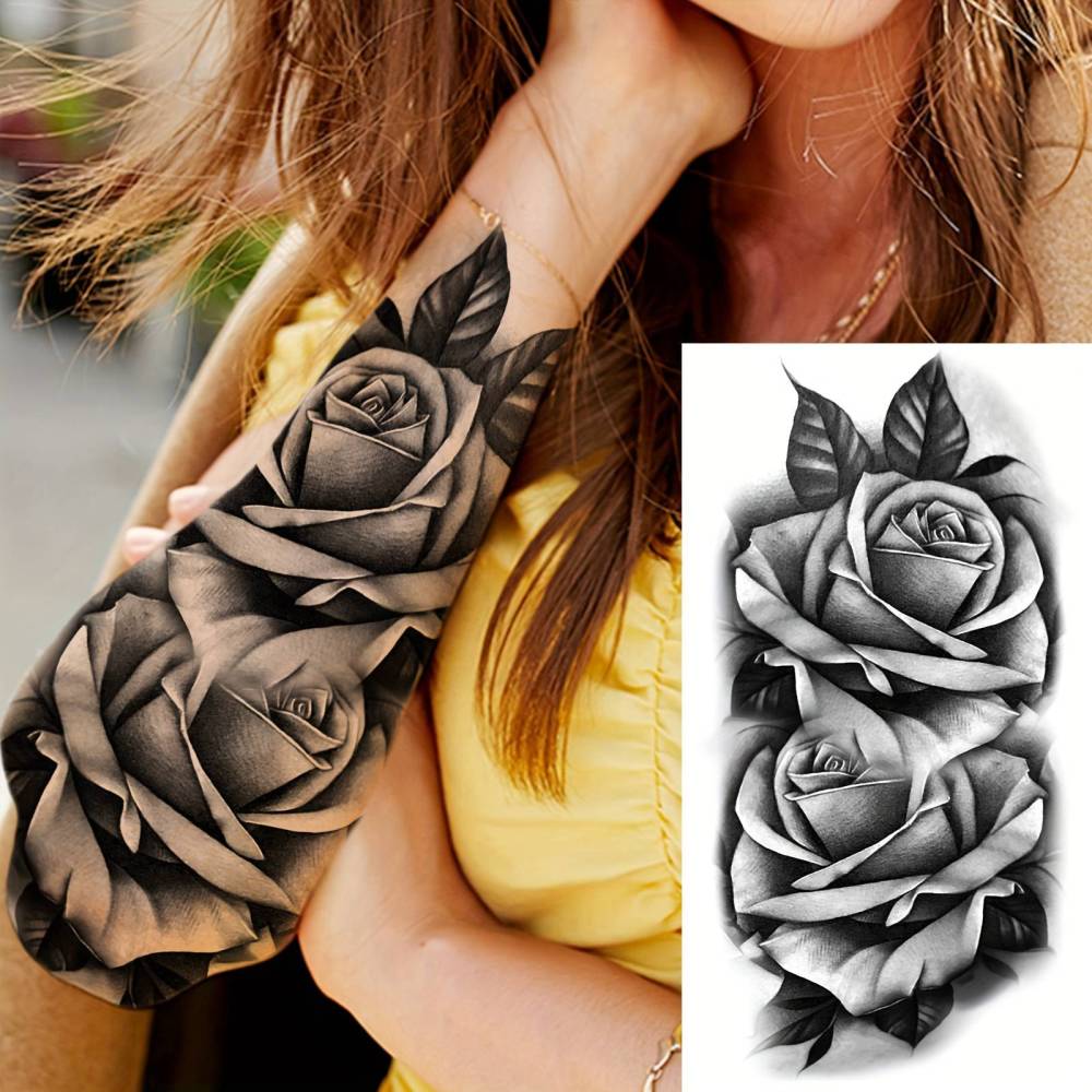8 Sheets Flower Rose Temporary Tattoos For Women Men Adults Hands Finger Foot Neck Clavicle Shank Arm Body Art Makeup, Semi Permanent Temp Fake Tattoo Stickers Waterproof Long Lasting Realistic Tatoos For Festival Party Accessory