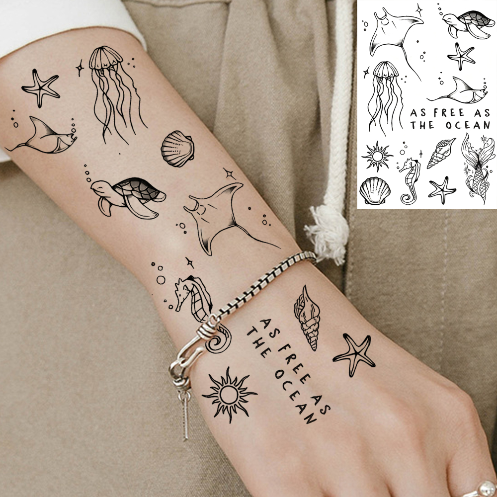1 Sheet Sea Ocean Animals Temporary Tattoos For Women Men Adults Hands Finger Foot Neck Clavicle Waist Legs Thigh Ankles Forearm Shank Arm Body Art Makeup, Semi-Permanent Temp Fake Tattoo Stickers Waterproof Long Lasting Realistic Tatoos For Festival