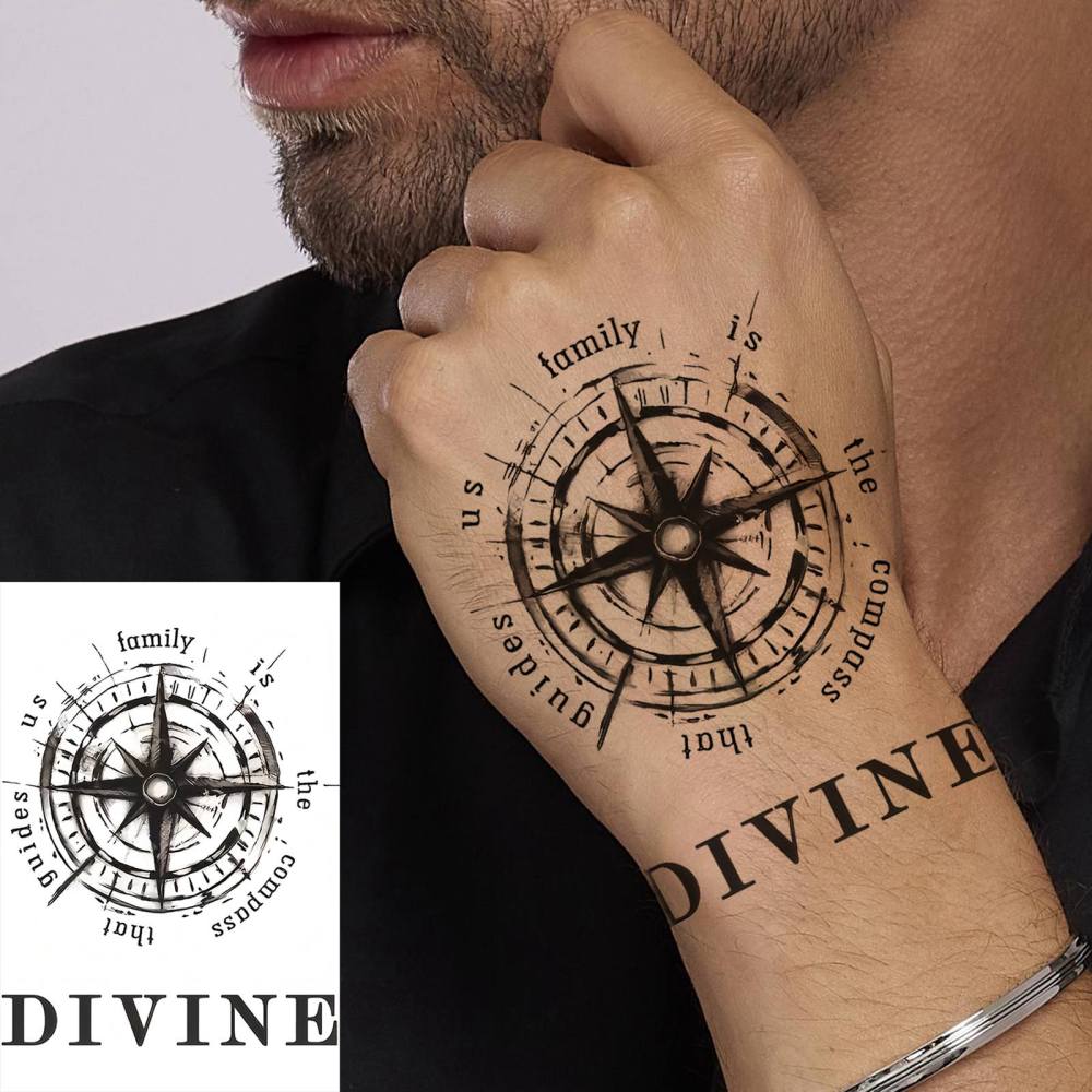 1 Sheet Compass Temporary Tattoos For Women Men Adults Hands Finger Foot Neck Clavicle Legs Thigh Forearm Shank Arm Body Art Makeup, Semi Permanent Temp Fake Tattoo Stickers Waterproof Long Lasting Realistic Tatoos For Festival Party Accessory